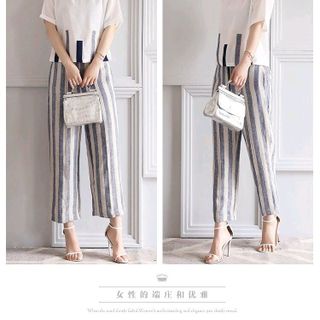 SET ÁO VIỀN CỔ QUẦN SỌC ỐNG RỘNG