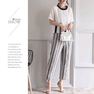 SET ÁO VIỀN CỔ QUẦN SỌC ỐNG RỘNG