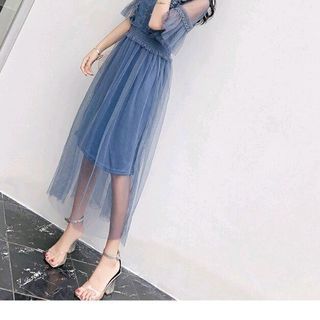 ĐẦM XÒE REN LƯỚI NHÚN EO TAY LOE PHỐI HOA THÊU ĐẦM DÂY