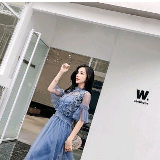 ĐẦM XÒE REN LƯỚI NHÚN EO TAY LOE PHỐI HOA THÊU ĐẦM DÂY