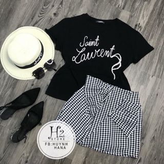 Set áo thun cv caro nơ