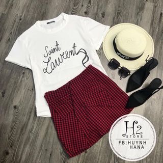 Set áo thun cv caro nơ