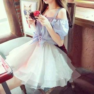 SET ÁO RỚT VAI CHÂN VÁY PHỒNG