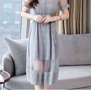 ĐẦM XOÈ CARO PHỐI REN CỔ TRỤ