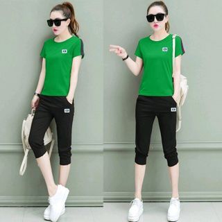 Set bộ lửng xanh lá logo da viền sọc tay thời trang -
