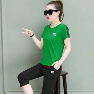 Set bộ lửng xanh lá logo da viền sọc tay thời trang -
