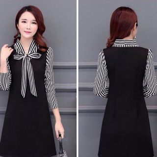 Đầm sọc đen phối nơ