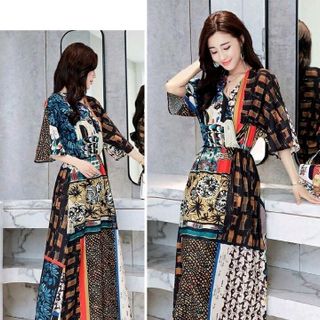 DAM MAXI CỔ V HỌA TIẾT