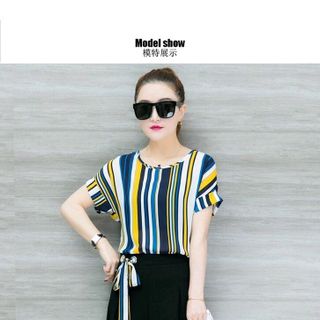 SET ÁO IN HỌA TIẾT SỌC QUẦN ỐNG RỘNG THẮT NƠ EO