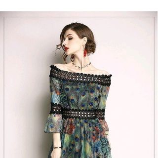 ĐẦM XÒE BỆCH VAI IN HỌA TIẾT ĐUÔI CÔNG PHỐI VIỀN REN giá sỉ