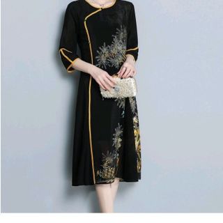ĐẦM SUÔNG CỔ TÀU IN HỌA TIẾT HOA VÀ CHIM PHỐI VIỀN CÁCH ĐIỆU