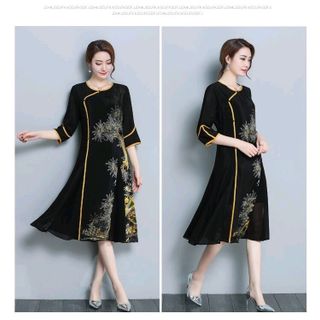 ĐẦM SUÔNG CỔ TÀU IN HỌA TIẾT HOA VÀ CHIM PHỐI VIỀN CÁCH ĐIỆU