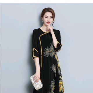 ĐẦM SUÔNG CỔ TÀU IN HỌA TIẾT HOA VÀ CHIM PHỐI VIỀN CÁCH ĐIỆU