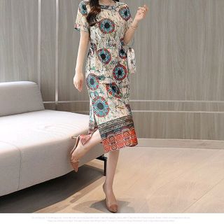 ĐẦM SUÔNG EO RÚT DÂY IN HỌA TIẾT XẺ TÀ 2 BÊN