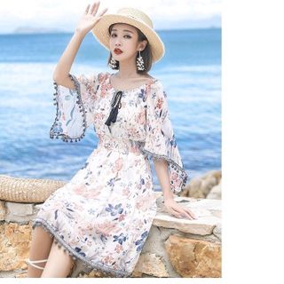 ĐẦM XÒE REN LƯỚI NHÚN EO TAY LOE PHỐI HOA THÊU ĐẦM DÂY