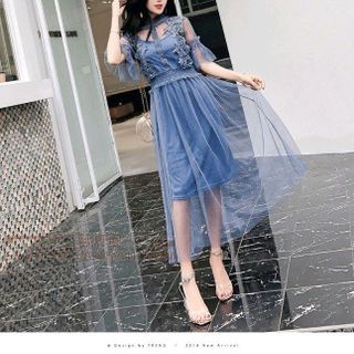 ĐẦM XÒE REN LƯỚI NHÚN EO TAY LOE PHỐI HOA THÊU ĐẦM DÂY giá sỉ
