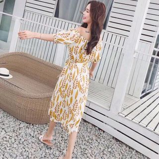 ĐẦM TRỄ VAI HOẠ TIẾT LÁ VÀNG