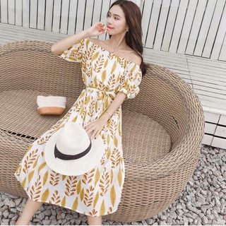 ĐẦM TRỄ VAI HOẠ TIẾT LÁ VÀNG