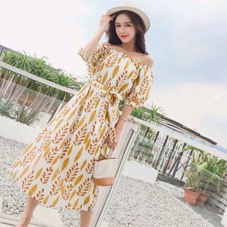 ĐẦM TRỄ VAI HOẠ TIẾT LÁ VÀNG