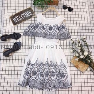 Đầm sô rớt vai thêu hoa