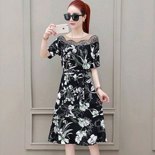 ĐẦM XÒE IN HOA LÁ PHỐI REN CỘT EO