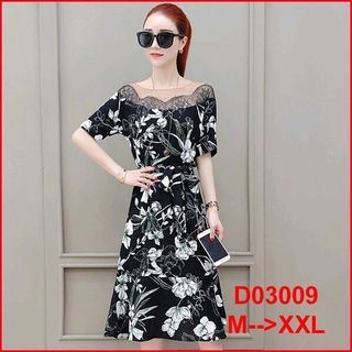 ĐẦM XÒE IN HOA LÁ PHỐI REN CỘT EO
