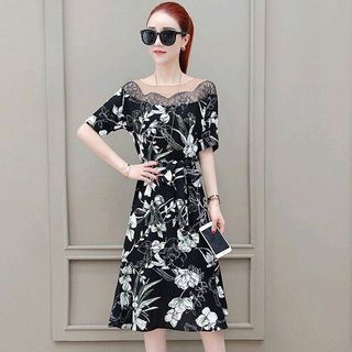ĐẦM XÒE IN HOA LÁ PHỐI REN CỘT EO
