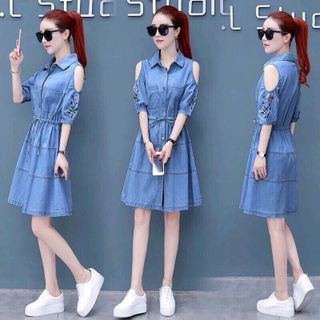 ĐẦM JEAN HỞ VAI THÊU HOA