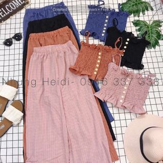 Set áo nhíu thun Quần dài culotte ống rộng thoải mái