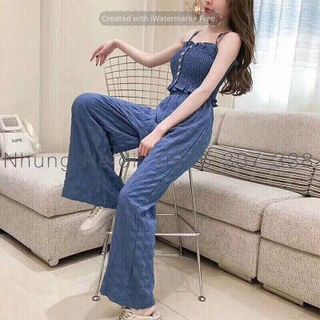Set áo nhíu thun Quần dài culotte ống rộng thoải mái