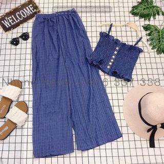 Set áo nhíu thun Quần dài culotte ống rộng thoải mái