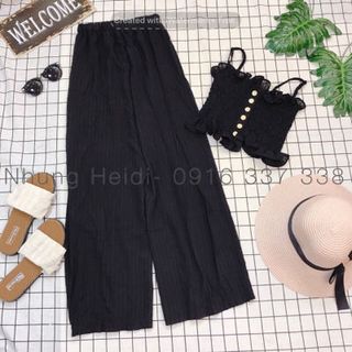 Set áo nhíu thun Quần dài culotte ống rộng thoải mái