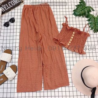 Set áo nhíu thun Quần dài culotte ống rộng thoải mái