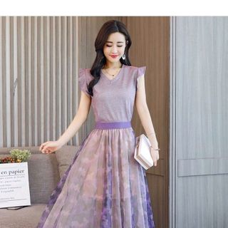 SÉT ĐẦM ÁO KIM TUYẾN CHÂN VÁY LƯỚI IN HỌA TIẾT