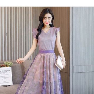 SÉT ĐẦM ÁO KIM TUYẾN CHÂN VÁY LƯỚI IN HỌA TIẾT