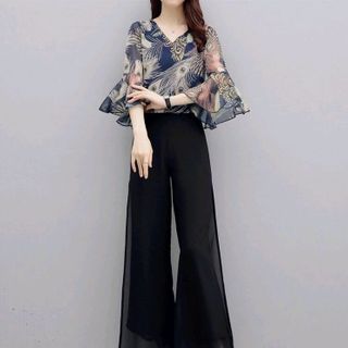 SÉT BỘ ÁO HỌA TIẾT LÔNG CÔNG QUẦN DÀI 2 LỚP CÁCH ĐIỆU