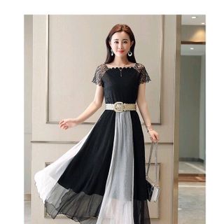 ĐẦM XÒE PHỐI MÀU CỔ GỢN SÓNG KẺM BELT
