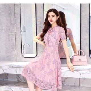 ĐẦM XÒE REN HOA MÀU TÍM CỔ THẮT NƠ