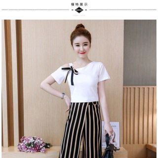 SÉT ÁO THUN THẮT NƠ BÊN VAI QUẦN SỌC ỐNG RỘNG