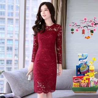 Đầm Ren Đỏ Hoa Nổi KAYA tay dài có size XXL