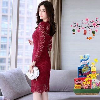 Đầm Ren Đỏ Hoa Nổi KAYA tay dài có size XXL