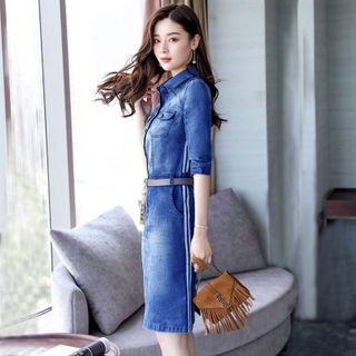 Đầm Jean Cổ Sơ Mi Phối Sọc Tay Lỡ