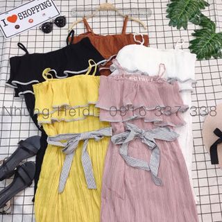 Đầm 2d rớt vai Dập li viền sọc xinh lắm nha kèm dây cột kẻ sọc Cột eo hoặc làm turban cột tóc cũng đẹp nữa nạ