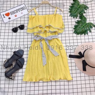 Đầm 2d rớt vai Dập li viền sọc xinh lắm nha kèm dây cột kẻ sọc Cột eo hoặc làm turban cột tóc cũng đẹp nữa nạ