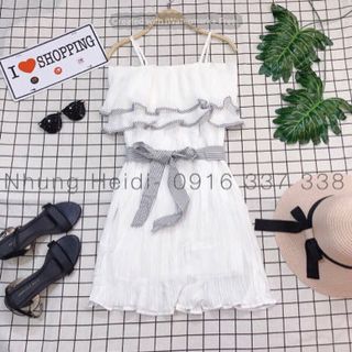 Đầm 2d rớt vai Dập li viền sọc xinh lắm nha kèm dây cột kẻ sọc Cột eo hoặc làm turban cột tóc cũng đẹp nữa nạ