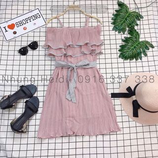 Đầm 2d rớt vai Dập li viền sọc xinh lắm nha kèm dây cột kẻ sọc Cột eo hoặc làm turban cột tóc cũng đẹp nữa nạ
