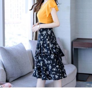 ĐẦM XÒE CÁNH TIÊN CHÂN VÁY TẦNG IN HOA KÈM PHỤ KIỆN