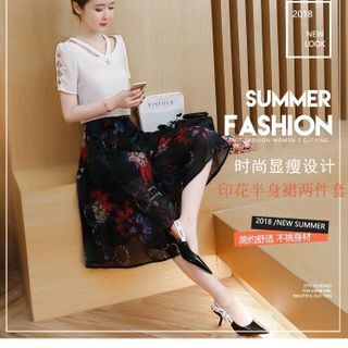 SET ÁO CỔ CÁCH ĐIỆU QUẦN GIẢ VÁY IN HOA