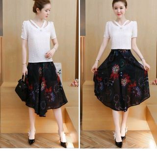 SET ÁO CỔ CÁCH ĐIỆU QUẦN GIẢ VÁY IN HOA