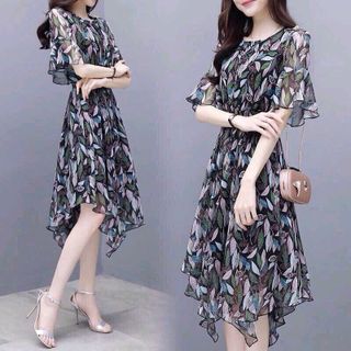 ĐẦM HOẠ TIẾT LÁ TAY LOE